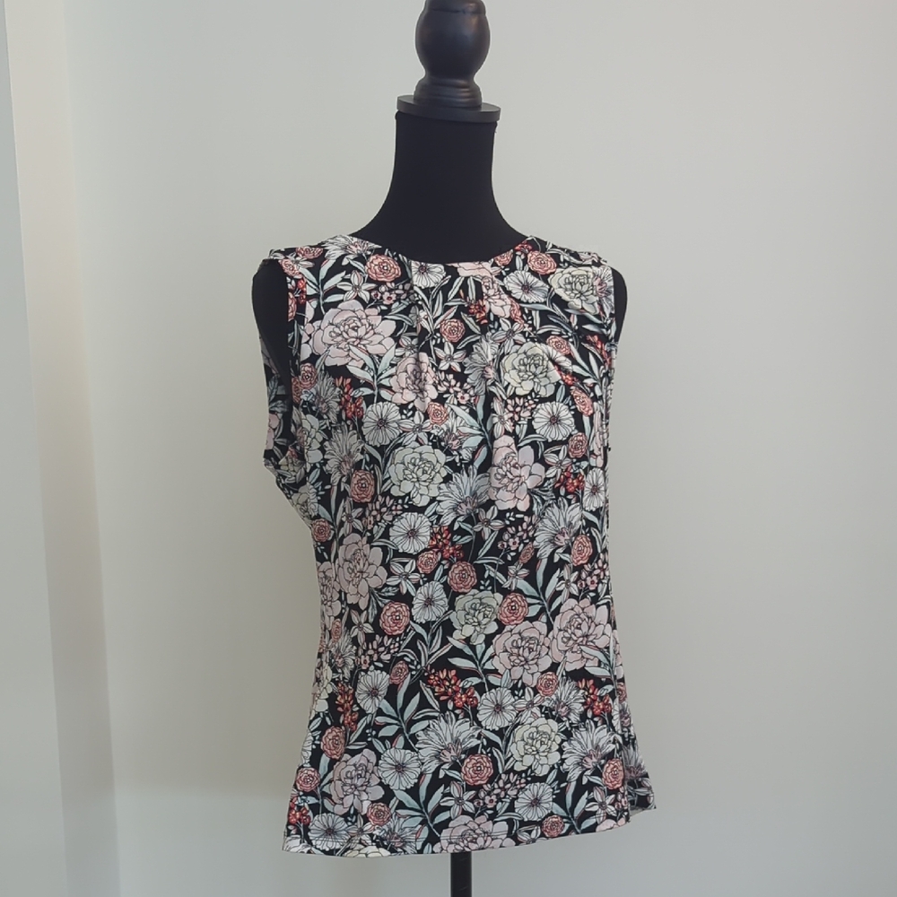 Karl Lagerfeld Paris Sleeveless Floral Blouse Pleated High Neck Black Pink LARGE - Picture 1 of 8